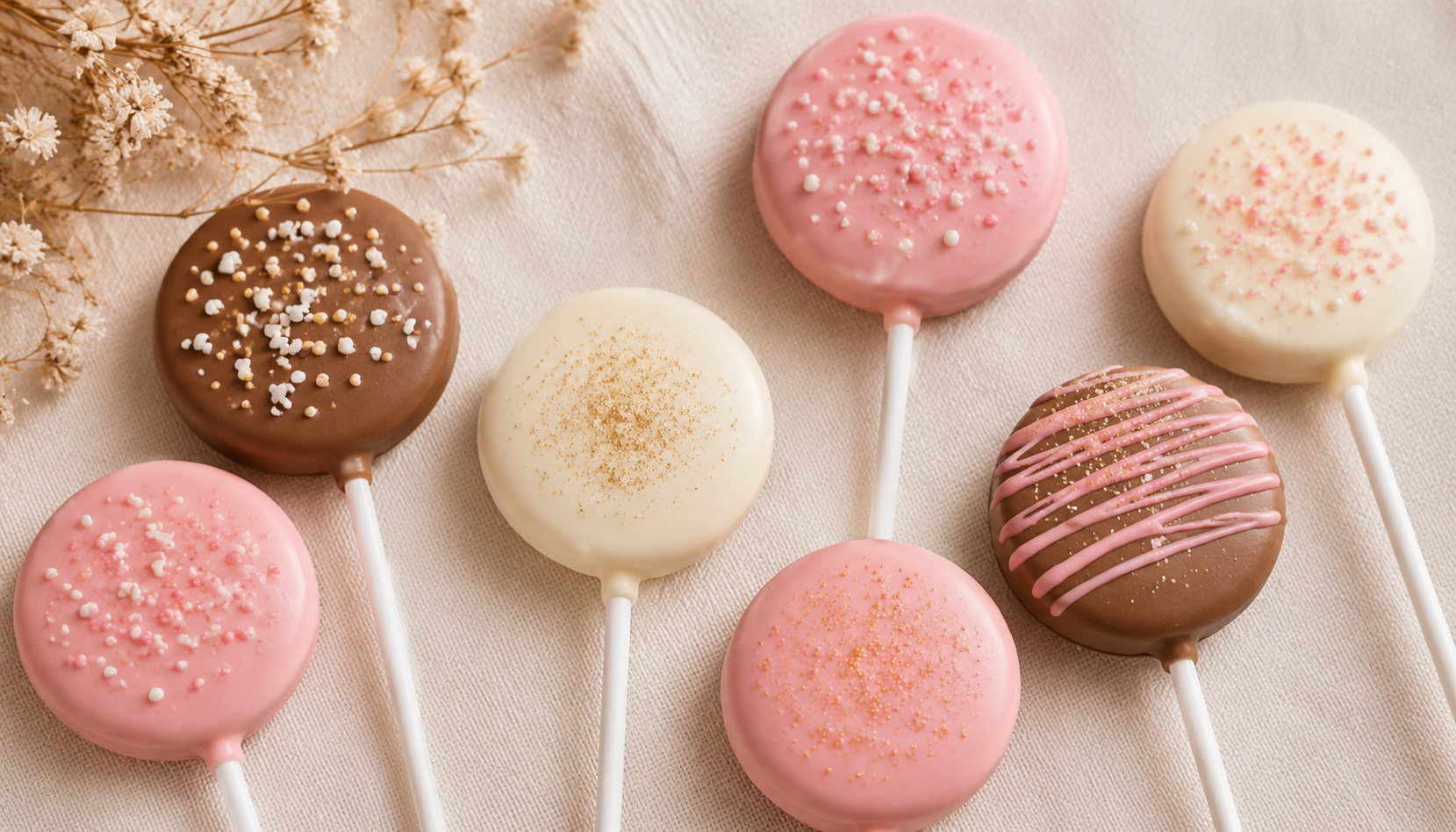 Colorful handmade cakepops arranged on a soft cream linen surface
